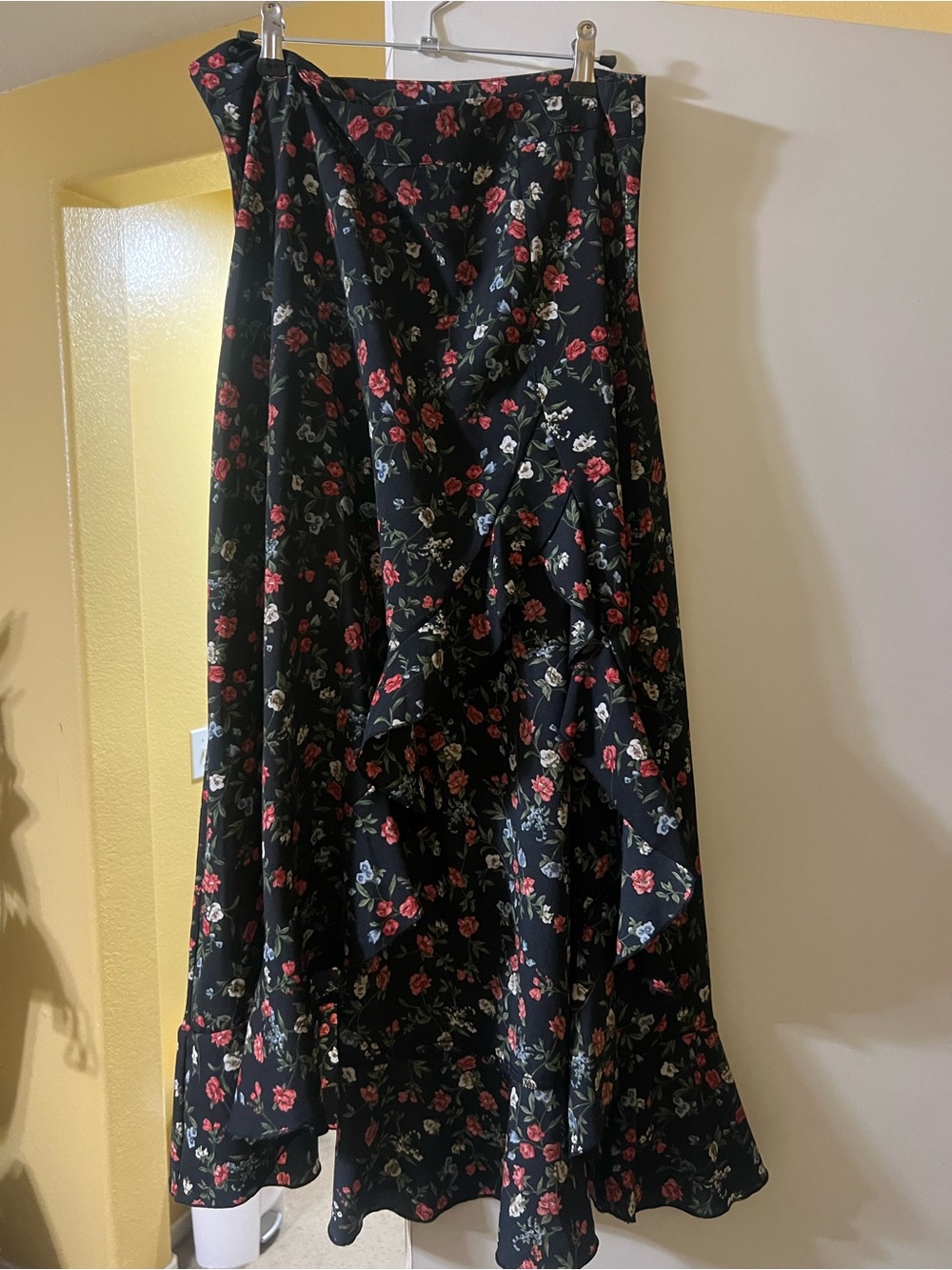 Black Floral Maxi Skirt with Red Rose Print (new no tags)
